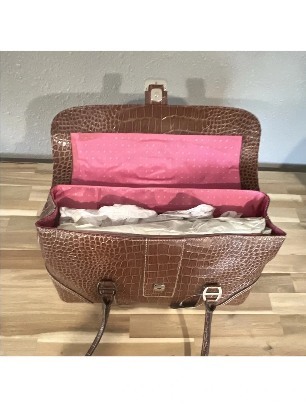 Liz Claiborne Brown Croc-Embossed Satchel with Pink Interior